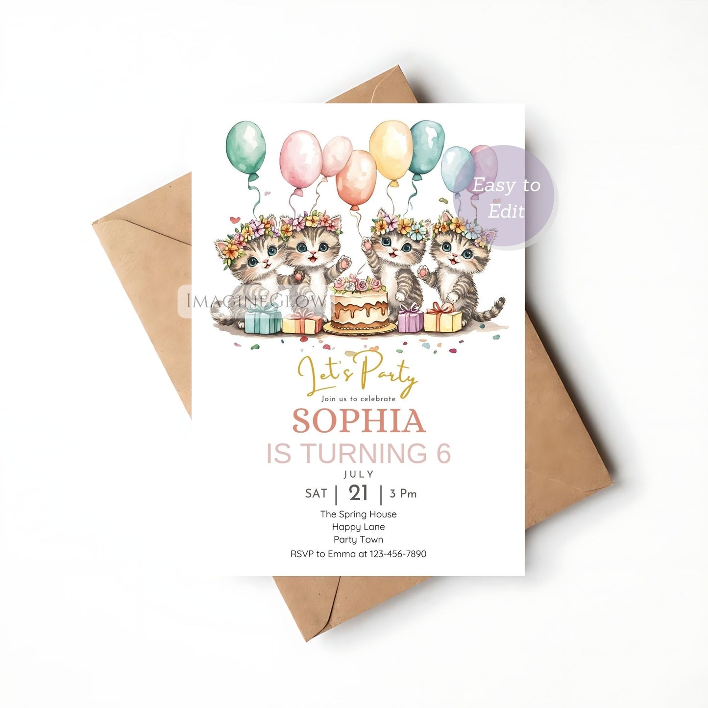 Whimsical kitten birthday invitation editable

