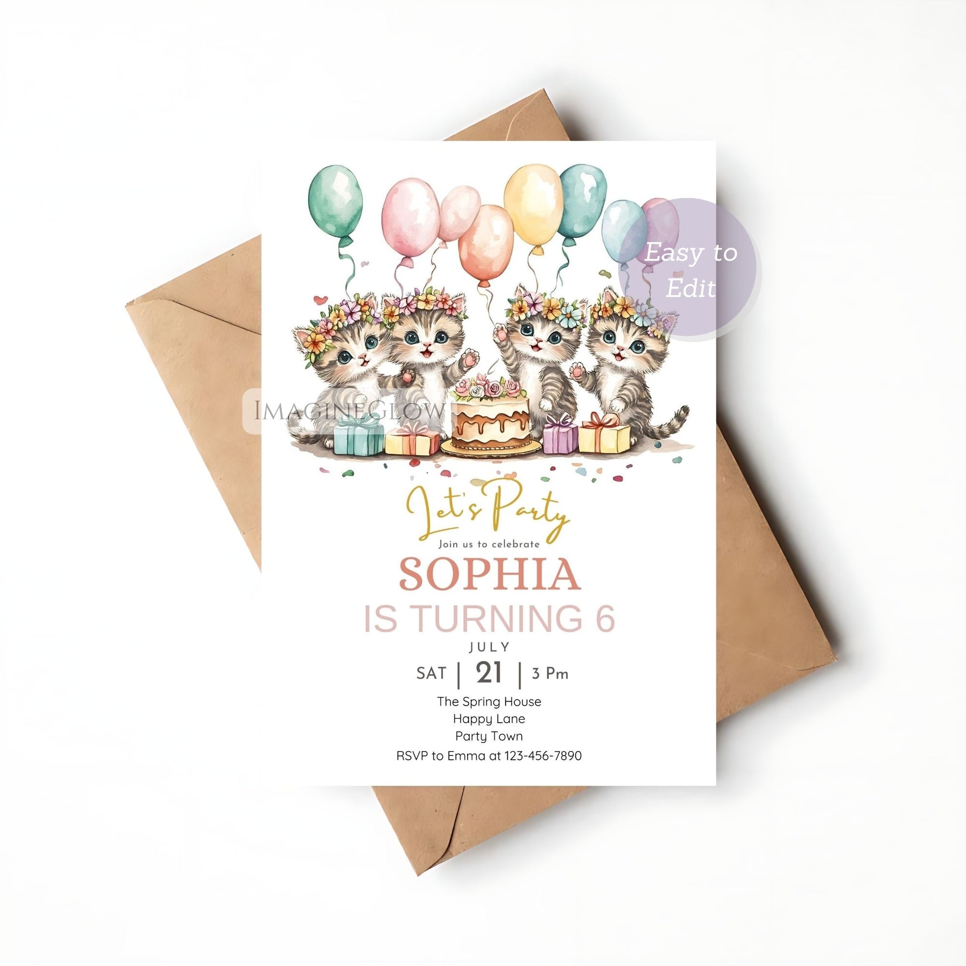 Whimsical kitten birthday invitation editable
