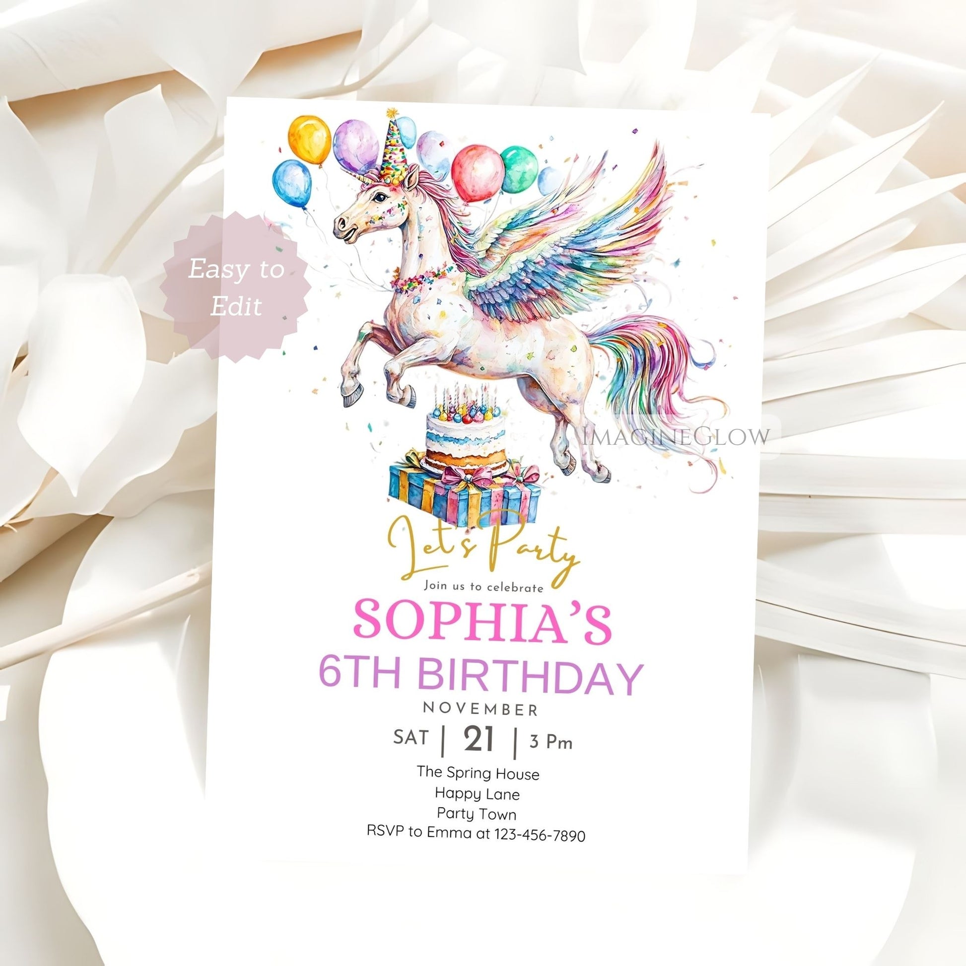 Pegasus birthday invitation editable in Canva
