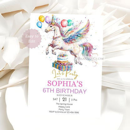 Pegasus birthday invitation editable in Canva

