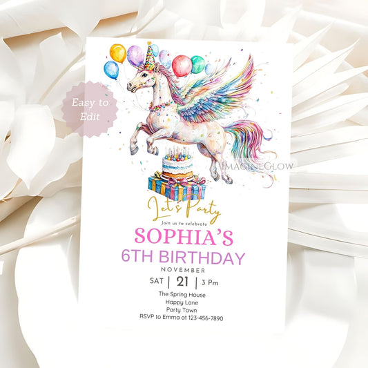 Pegasus birthday invitation editable in Canva
