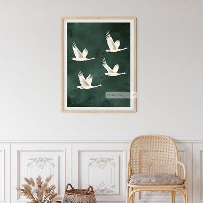 Serene bird decor with antique Japanese painting elements.