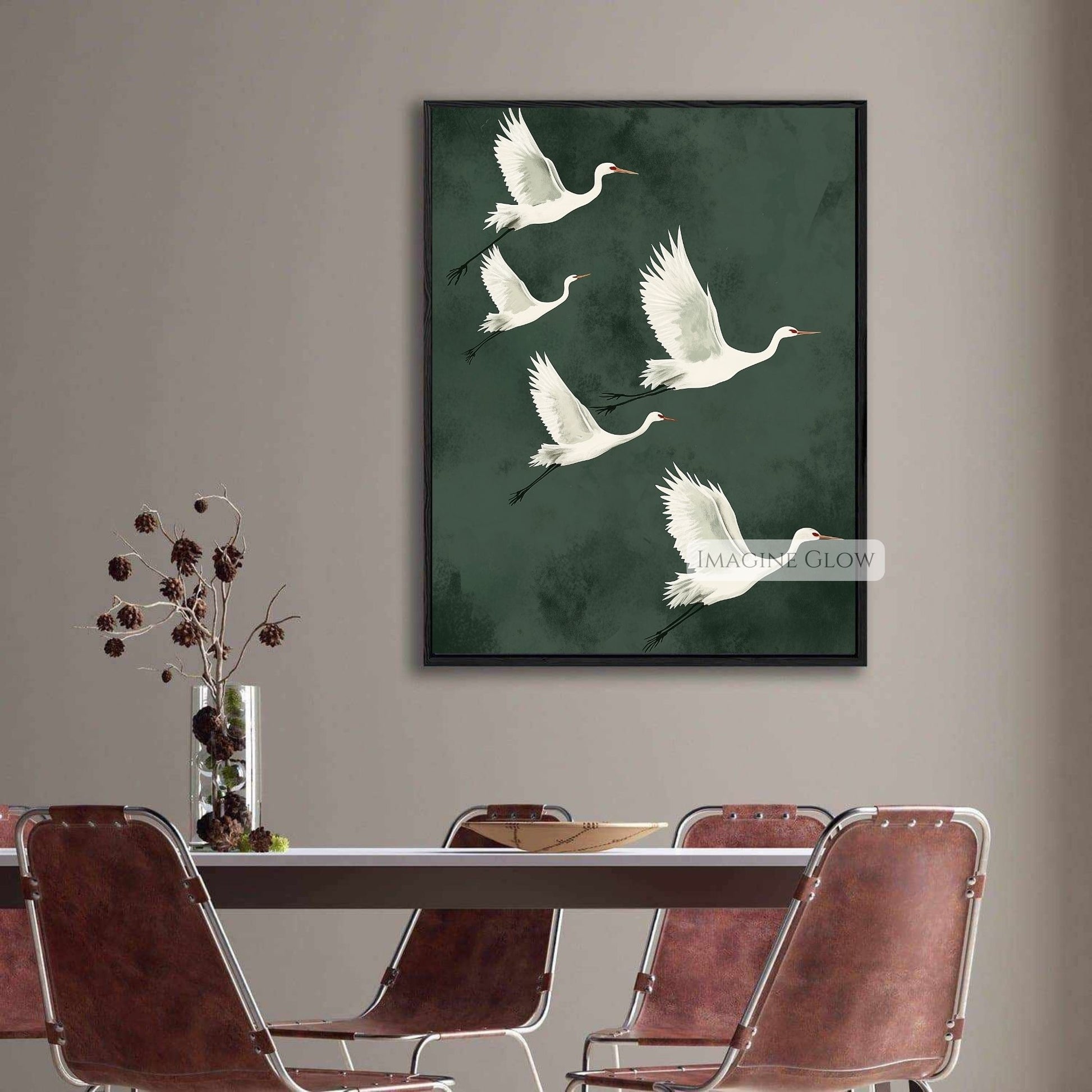 Minimalist Japandi-style crane art print for interiors.
