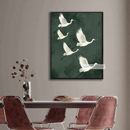 Minimalist Japandi-style crane art print for interiors.
