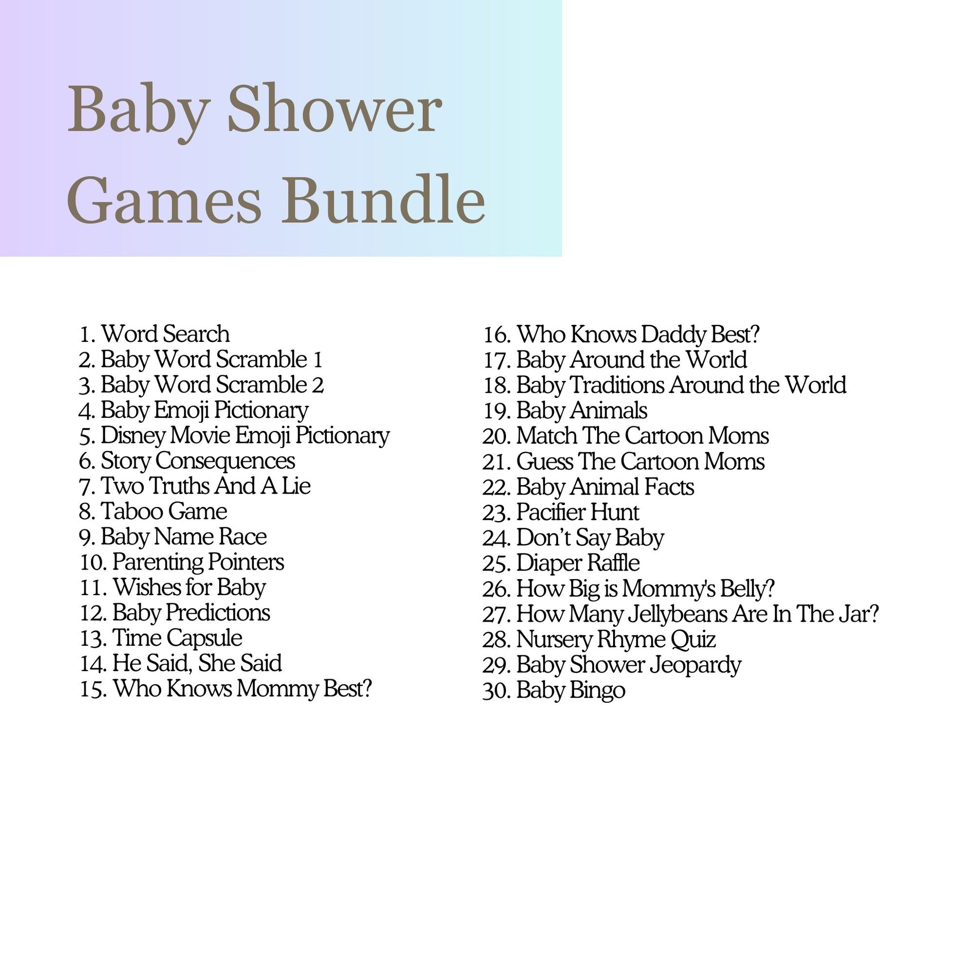 Gender-neutral jellybean baby shower games bundle.