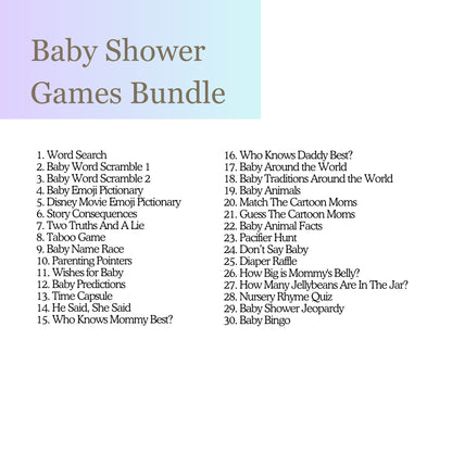 Gender-neutral jellybean baby shower games bundle.