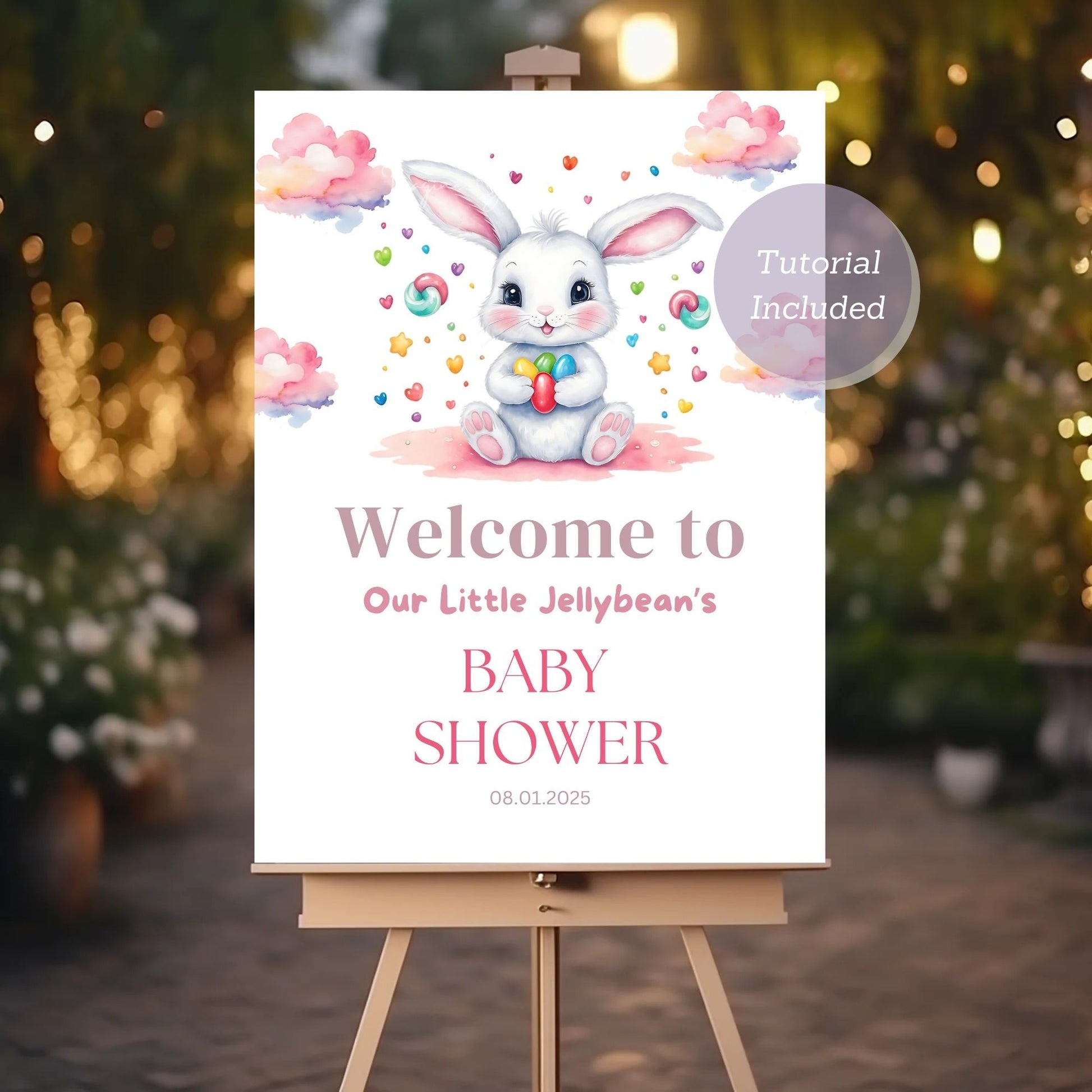 Gender-specific baby shower welcome sign with jellybean and bunny pink.
Cute bunny pink-themed Little Jellybean baby shower decor for girl.
