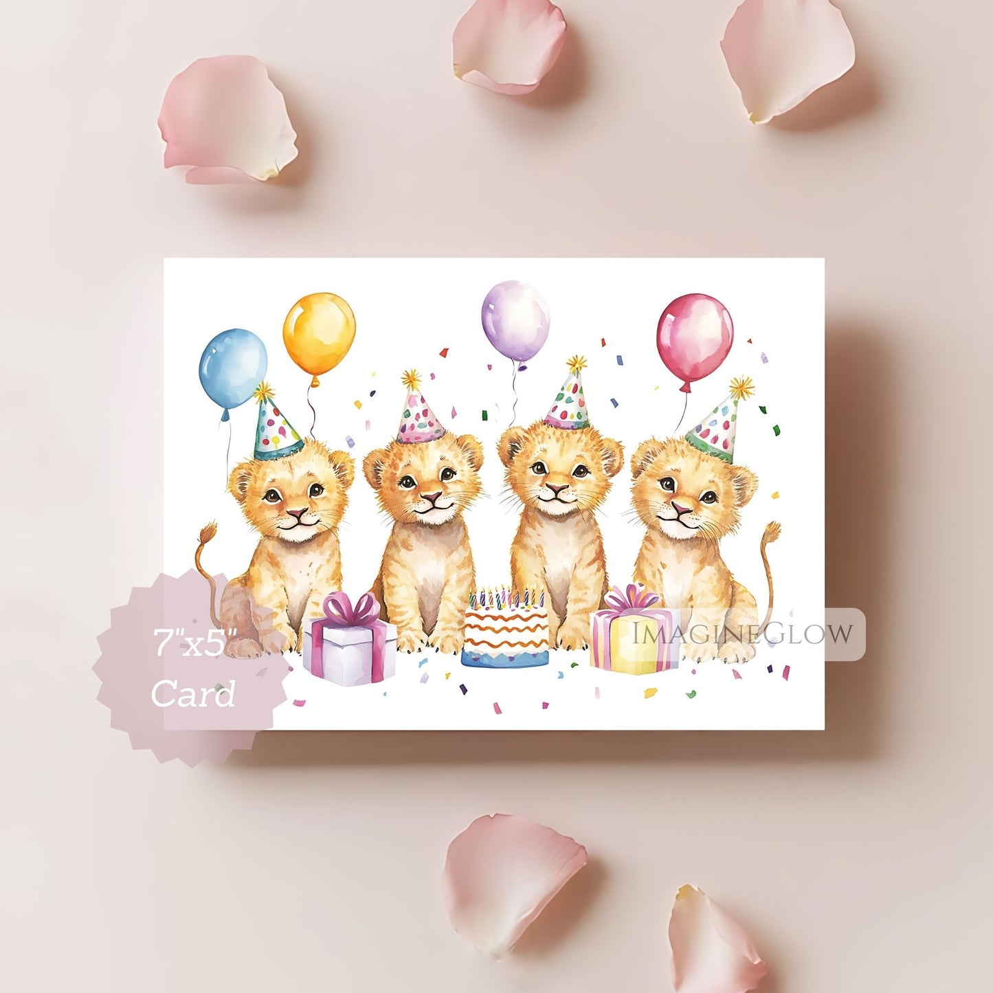 Birthday card with four lion cubs wearing party hats and balloons on a light pink background.