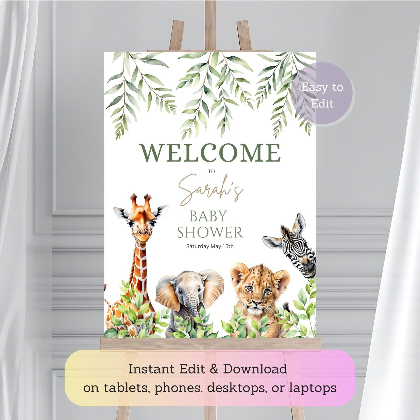 Jungle animal kid’s birthday welcome sign with greenery accents.
