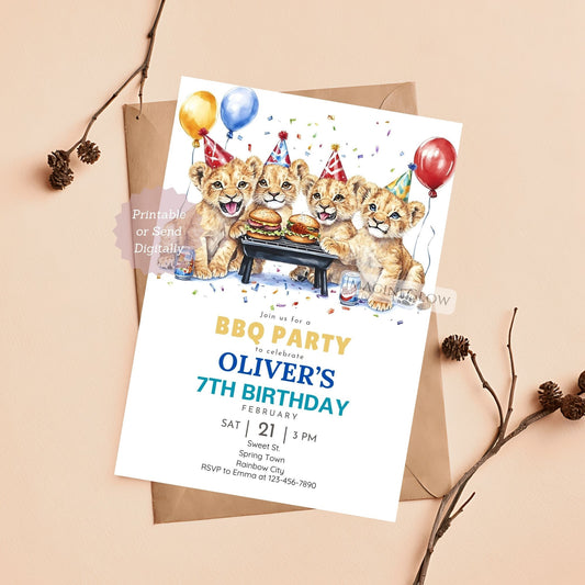 Four Lion Cubs BBQ Birthday Invitation with a wild cat cookout theme.

