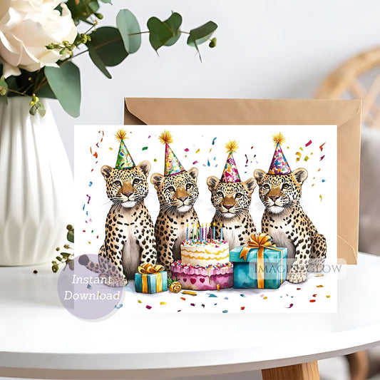 Birthday card with leopards wearing party hats on a white surface with flowers in the background.