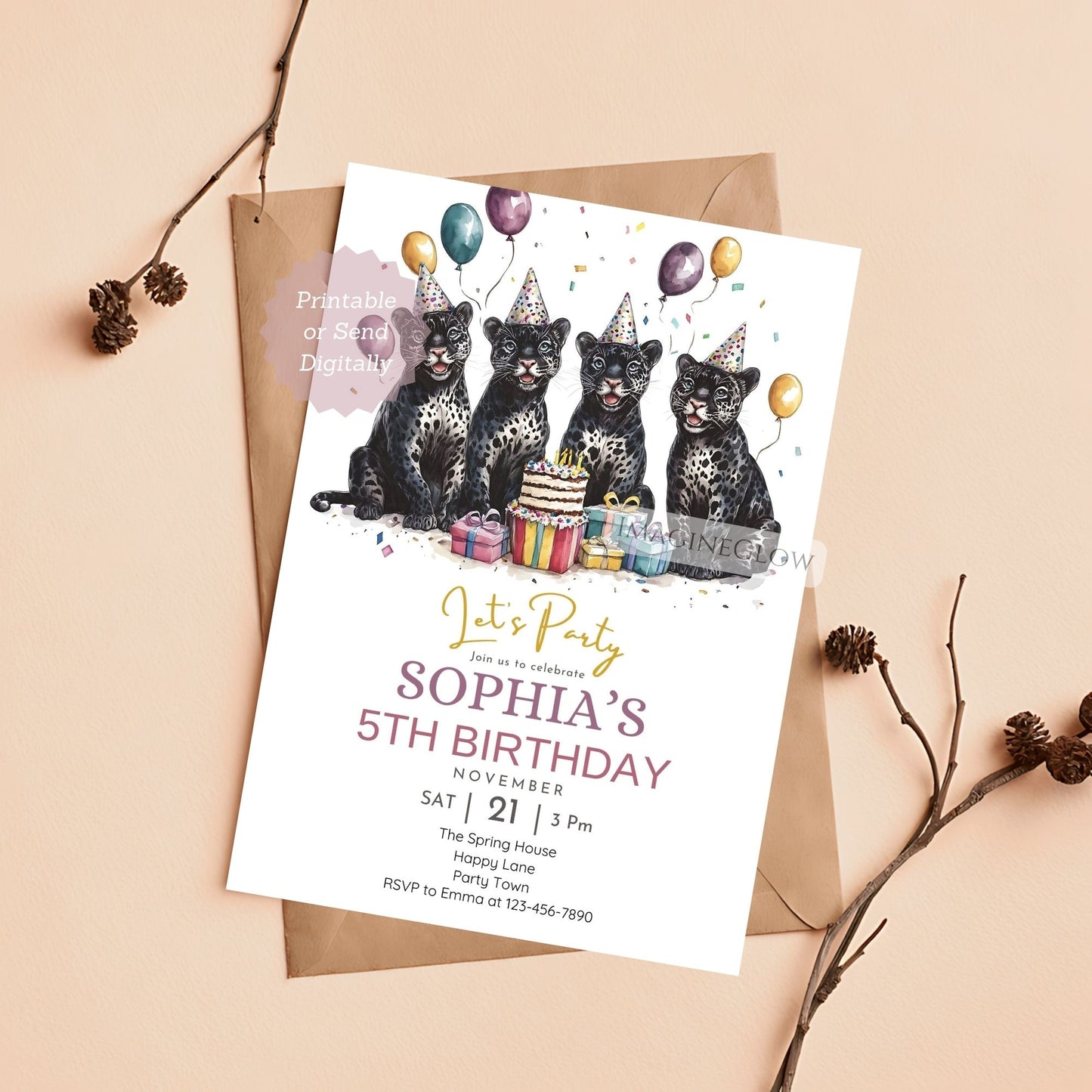 Bold jungle cats birthday party invite
