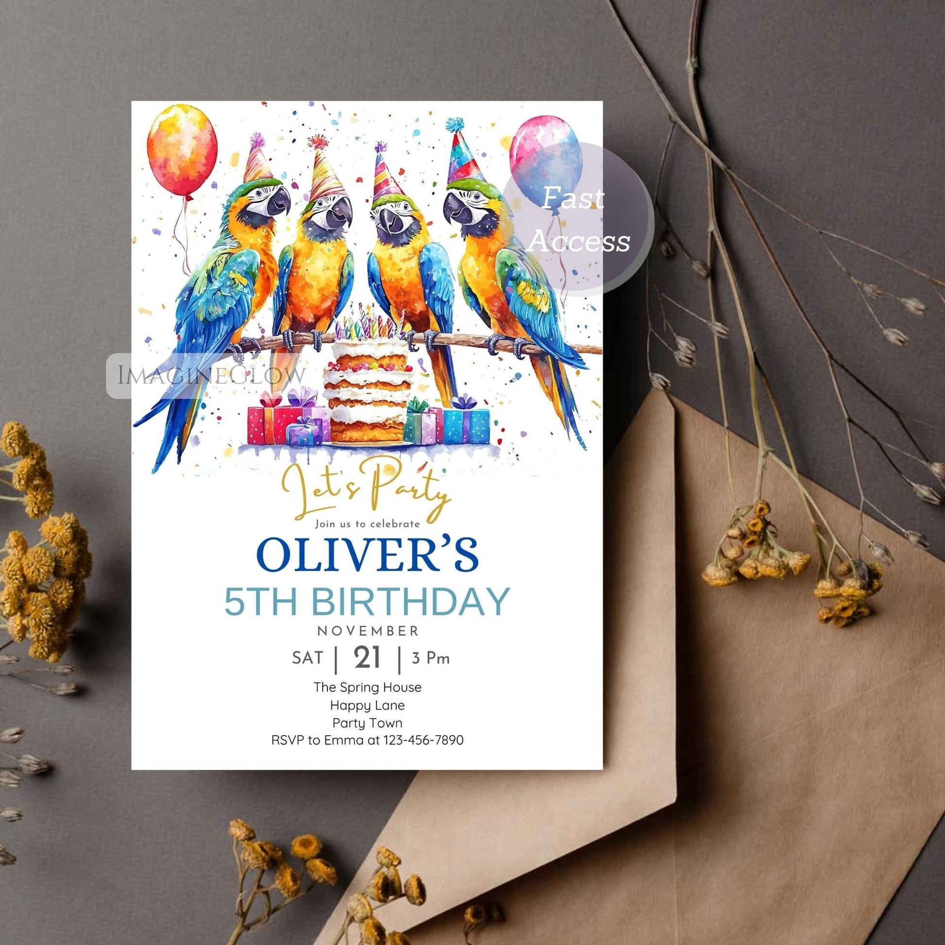 Rainforest parrot party invitation
