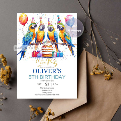 Rainforest parrot party invitation
