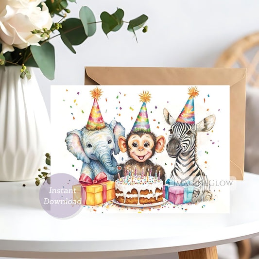 Jungle safari animal birthday card with monkey zebra elephant
Cute safari birthday card featuring monkey zebra elephant

