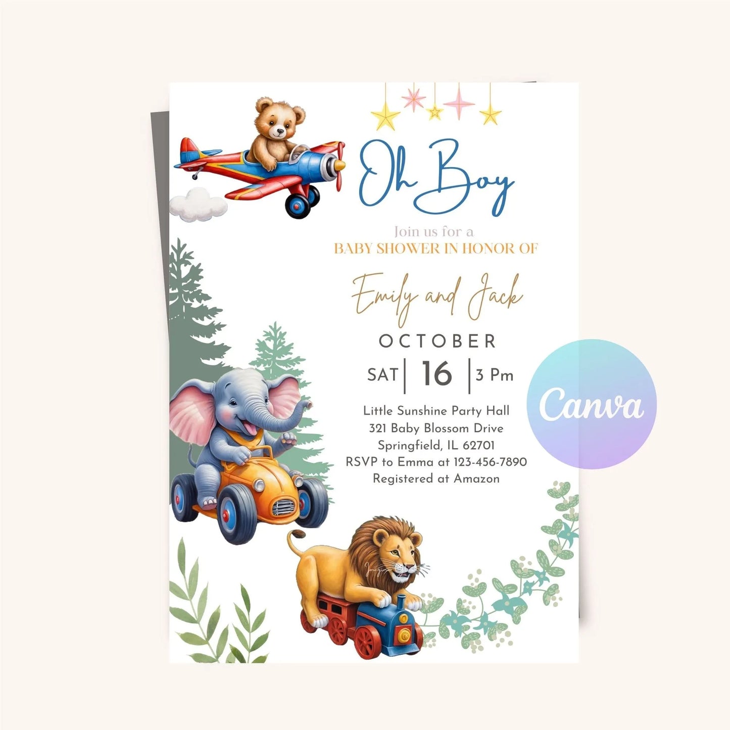 Customizable jungle safari animal party invitation for kids.
