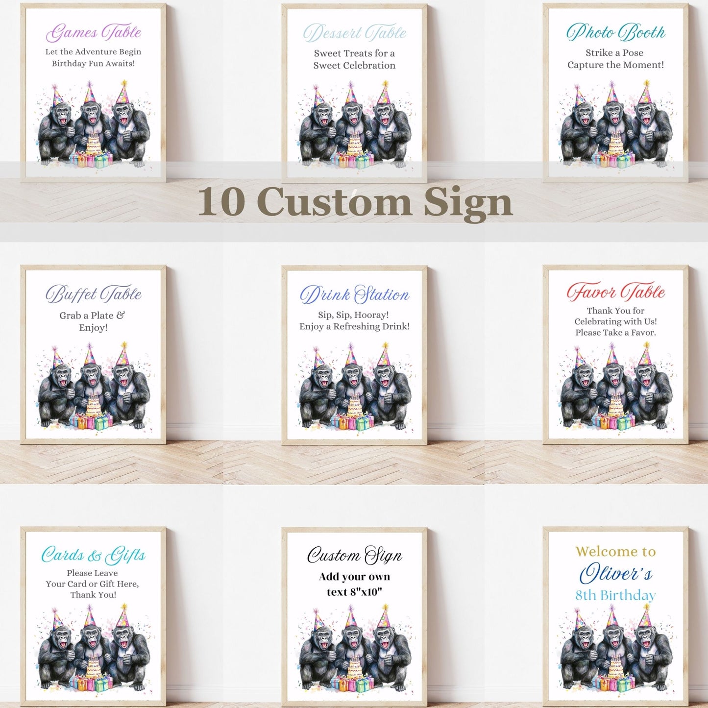Collection of party-themed signs with cartoon monkeys on a white background