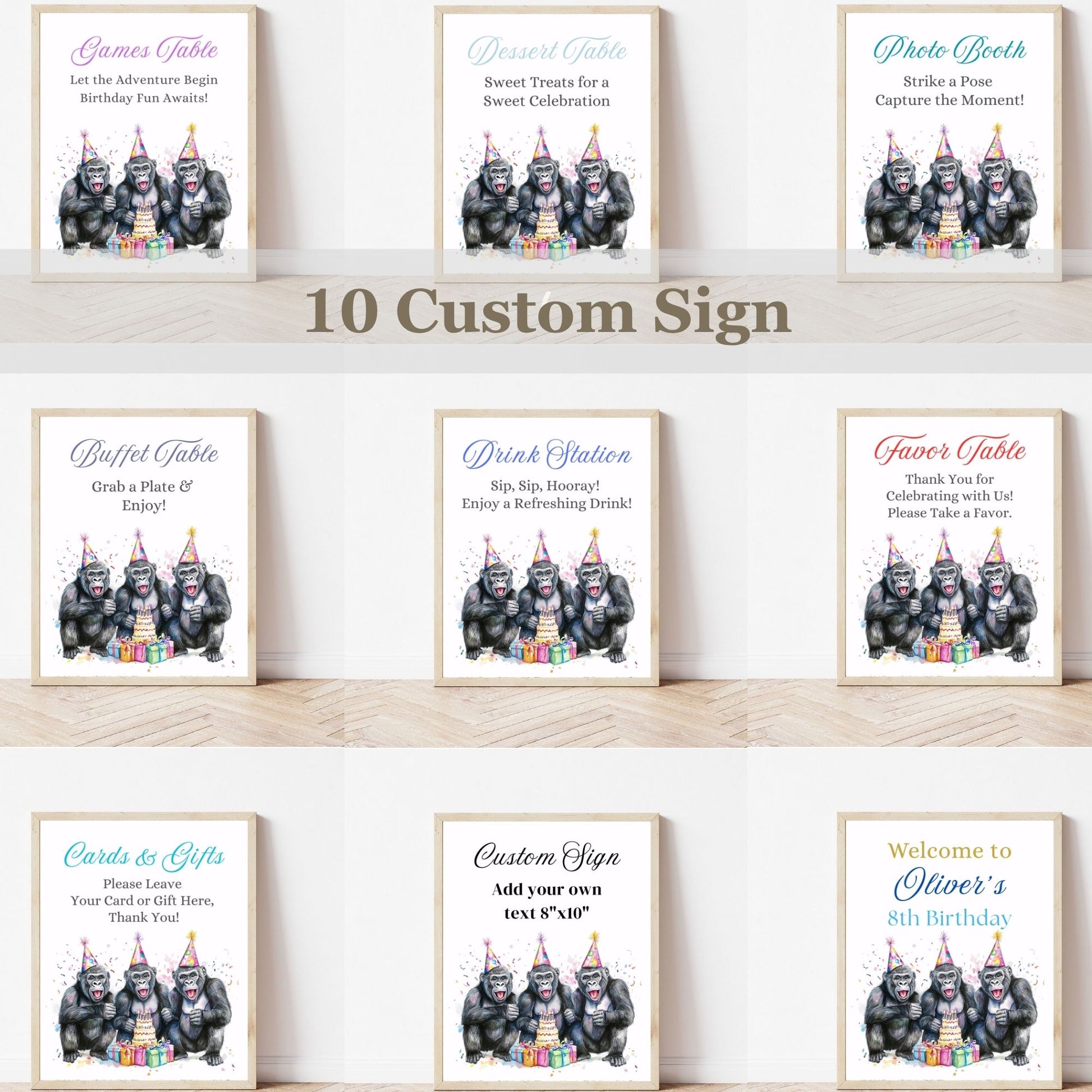 Collection of party-themed signs with cartoon monkeys on a white background