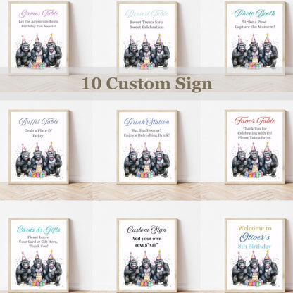 Collection of party-themed signs with cartoon monkeys on a white background