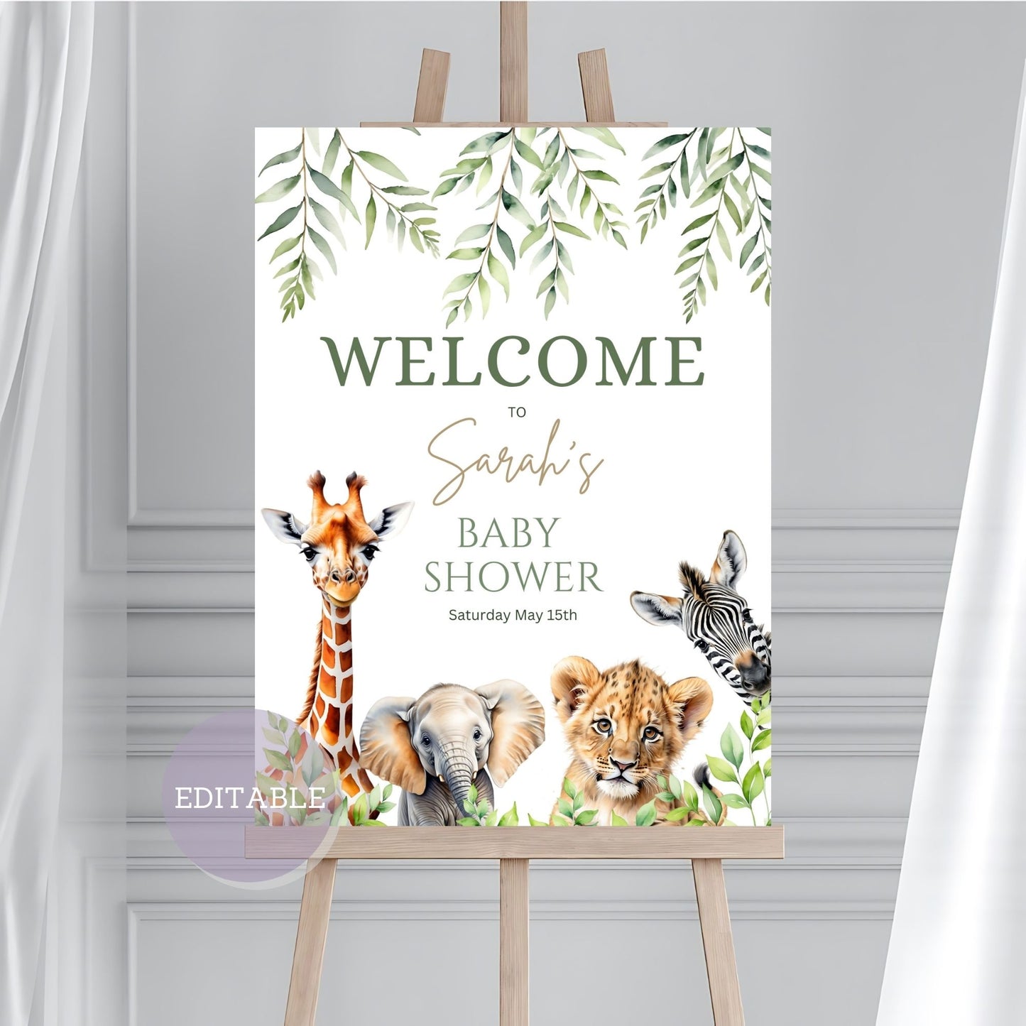 Editable safari-themed baby shower poster featuring jungle animals.
