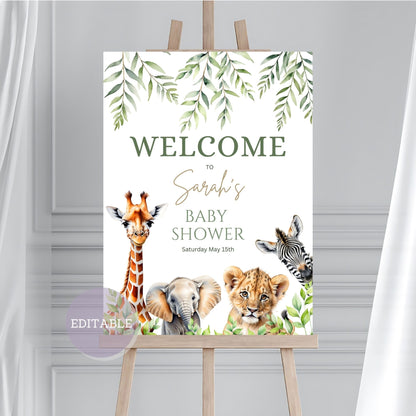 Editable safari-themed baby shower poster featuring jungle animals.
