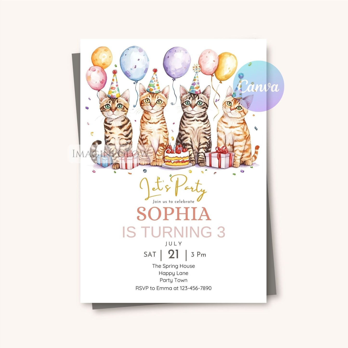 Bengal birthday invite customizable in Canva
