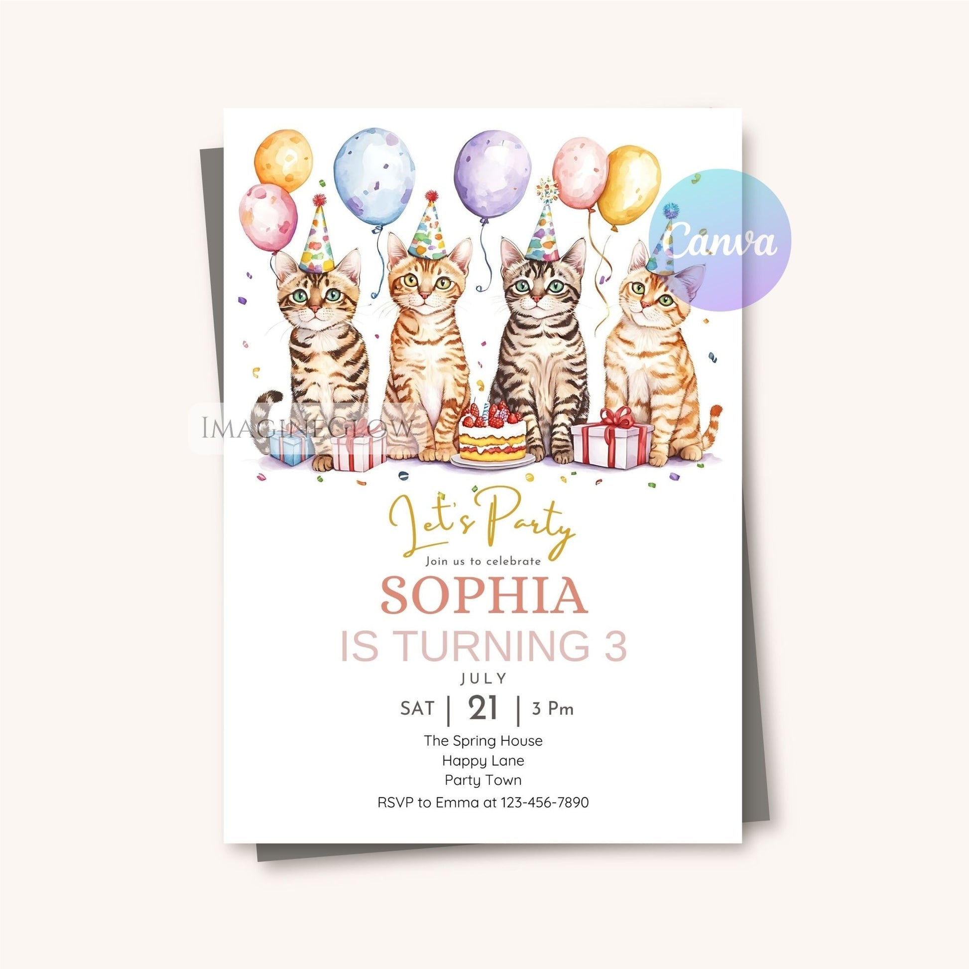 Bengal birthday invite customizable in Canva
