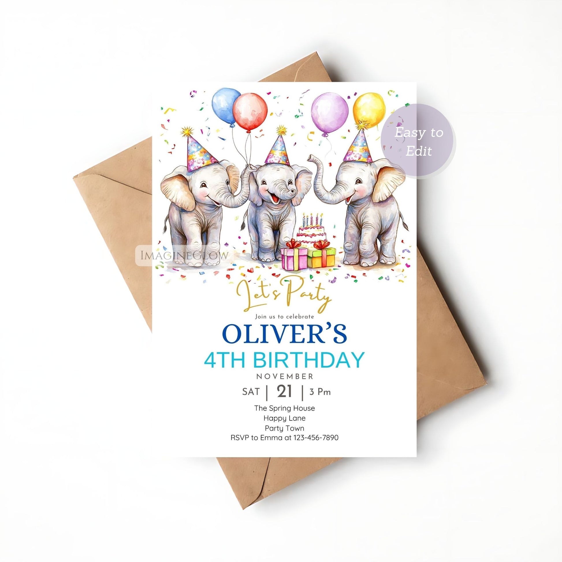 Jungle-Themed Kids Birthday Party Invite - Elephant Design
