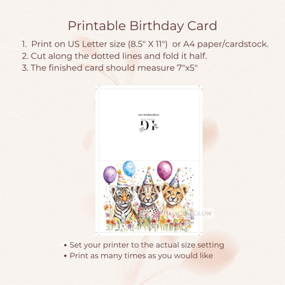 Printable birthday card with three cartoon cats wearing party hats and balloons, on a white background.