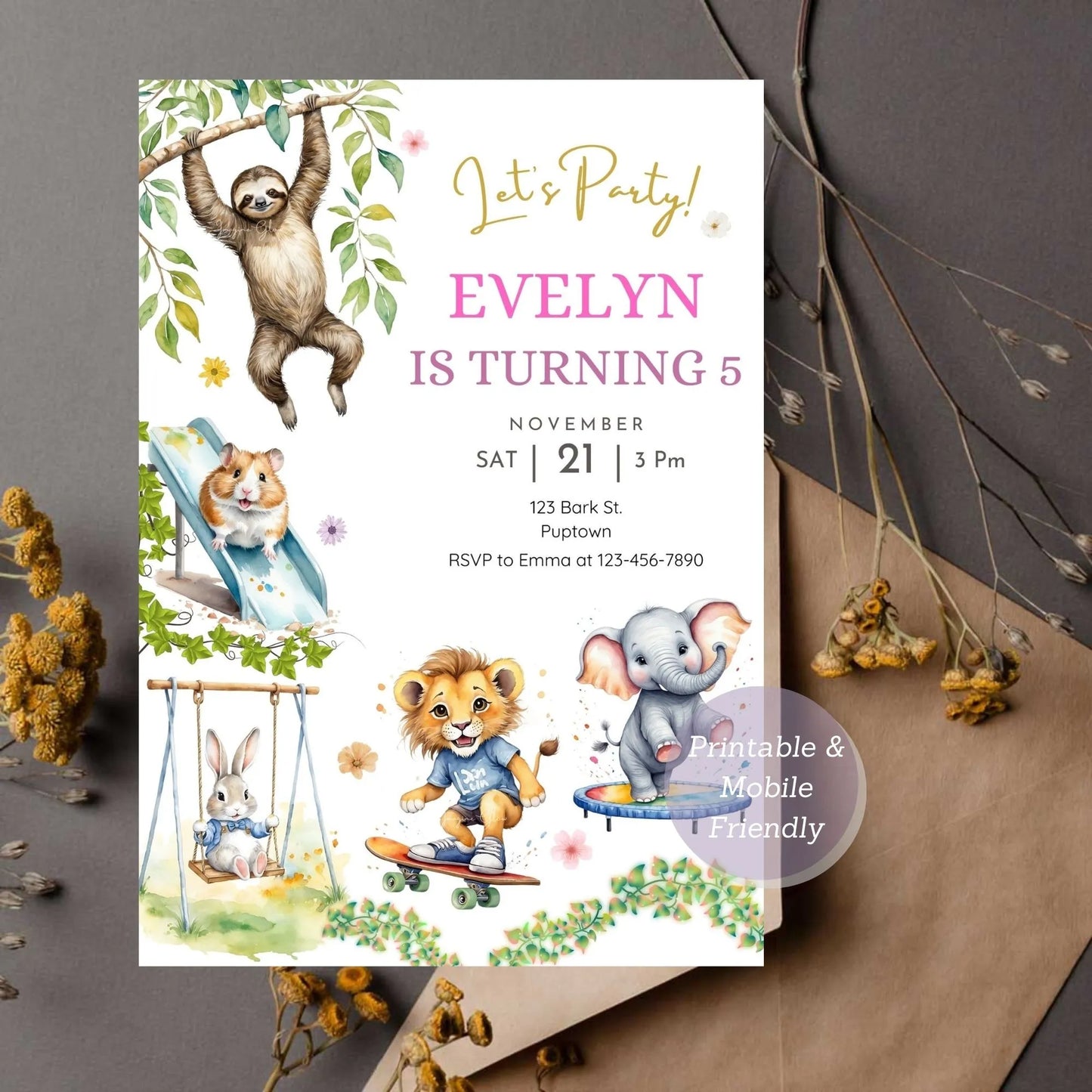 Cute animal playground party invitation for a fun kids’ birthday.
