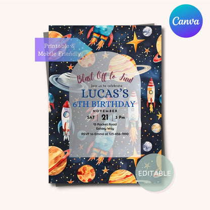 Editable cosmic celebration invite for kids’ space-themed birthday party