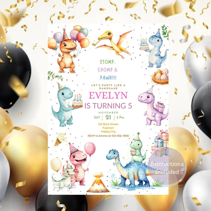 Cute dinosaur-themed birthday invitation for kids.
Editable kids dinosaur birthday party invitation with T-Rex design.
