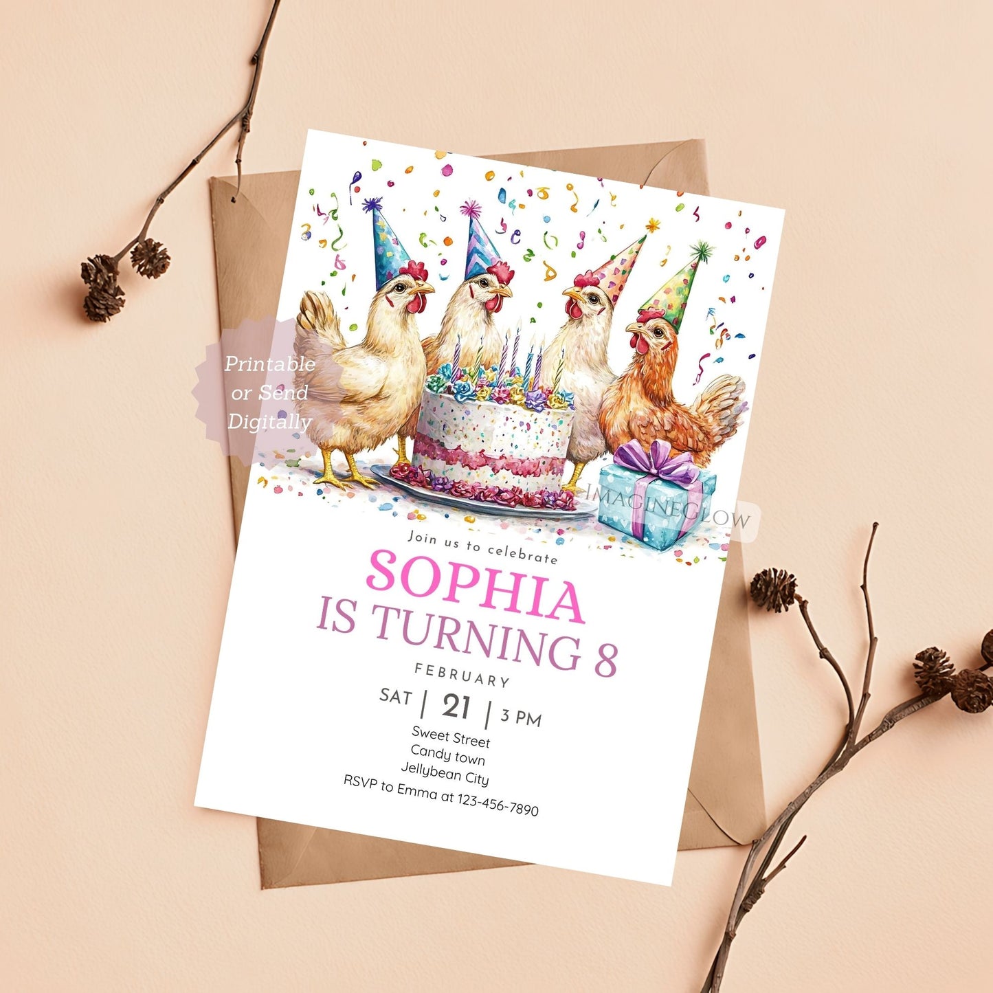 Editable chicken-themed birthday invitation
