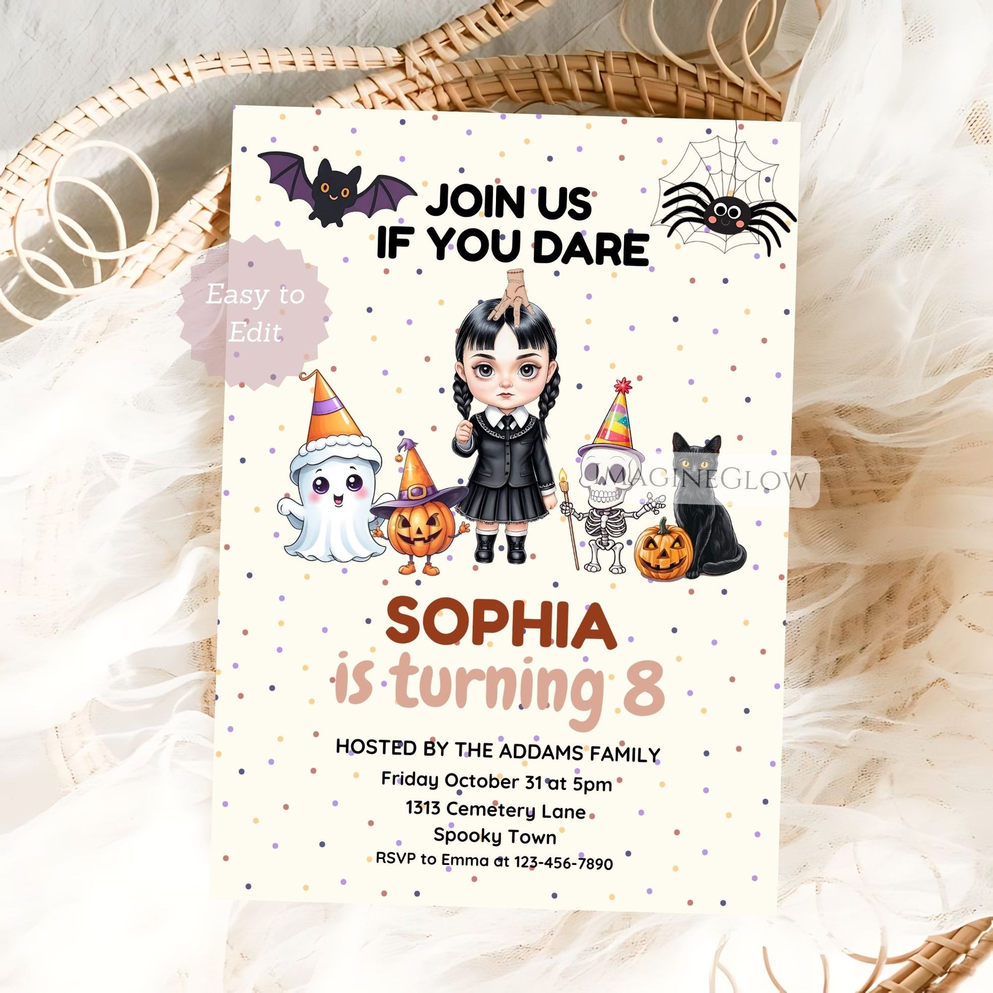 Halloween-themed birthday invitation card with cartoon characters