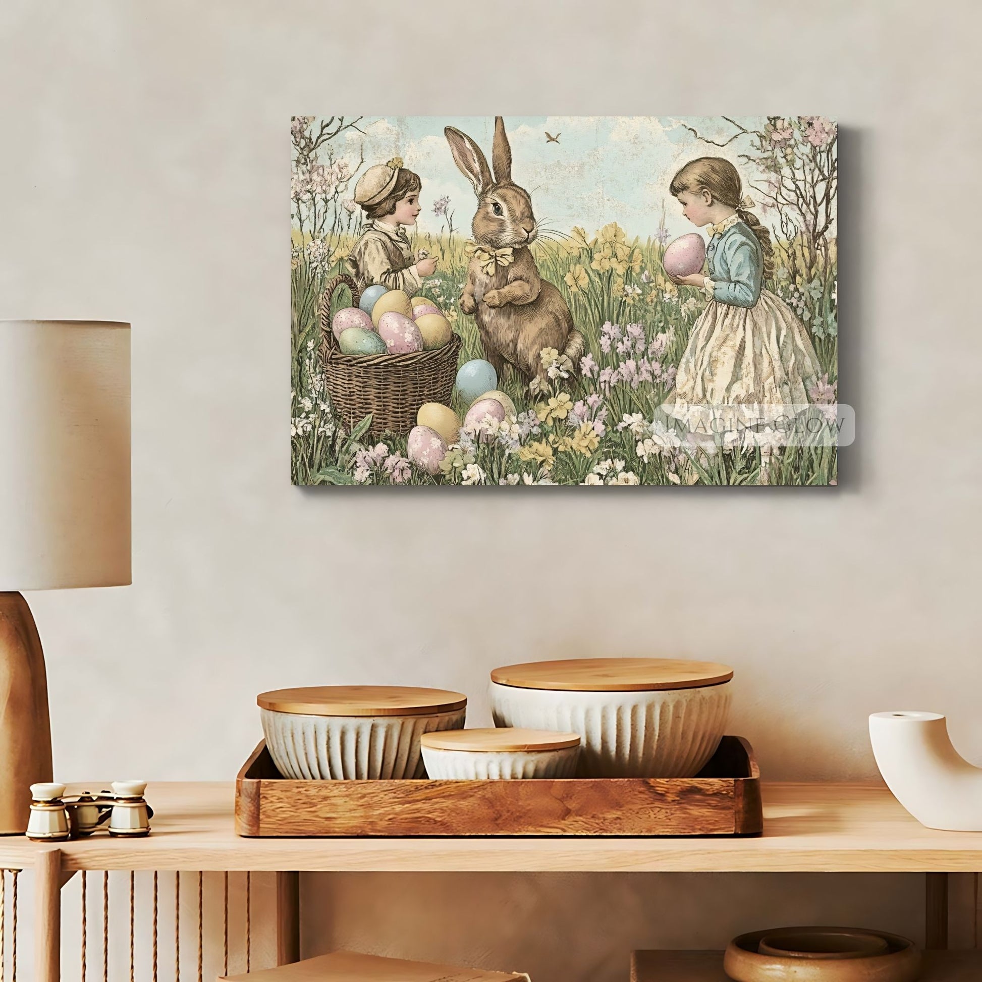 Nostalgic classroom wall art with kids hunting eggs.
