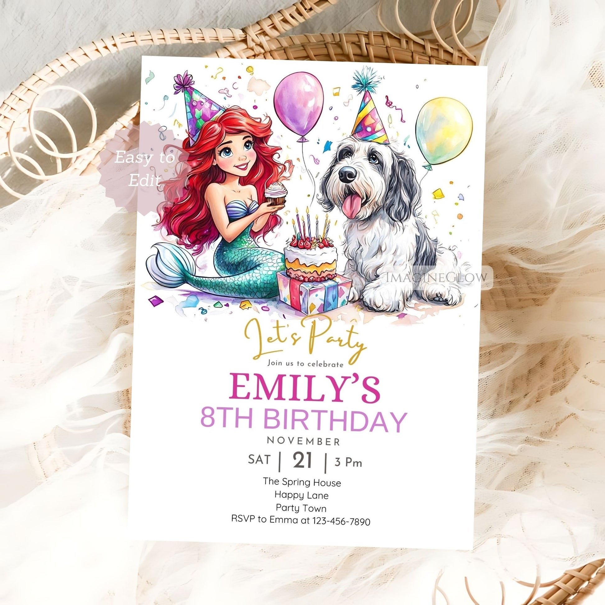 Mermaid princess and dog birthday invitation
