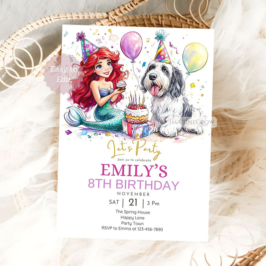 Mermaid princess and dog birthday invitation
