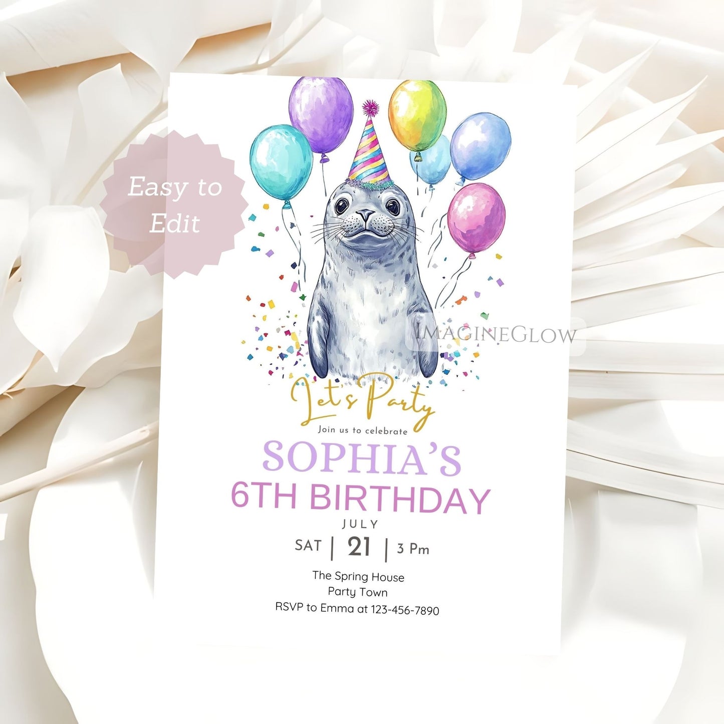 Birthday invitation card with a seal wearing a party hat and balloons, on a white background.