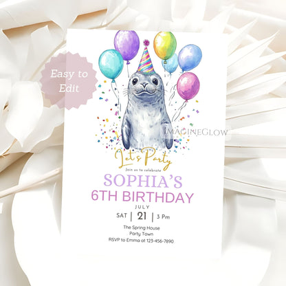 Birthday invitation card with a seal wearing a party hat and balloons, on a white background.