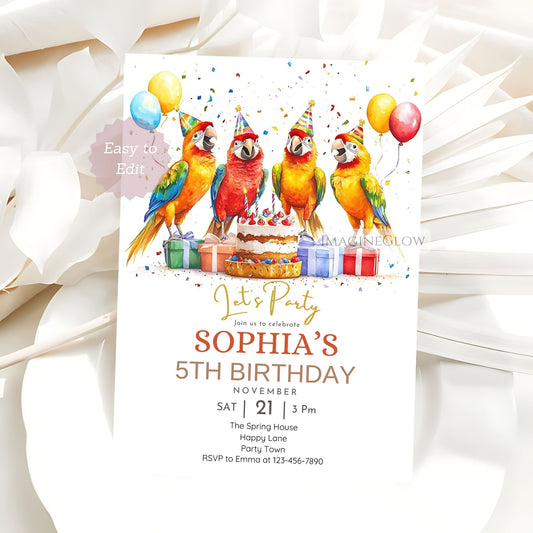 Rainforest bird party invitation design
Bright parrot invite for child’s celebration
