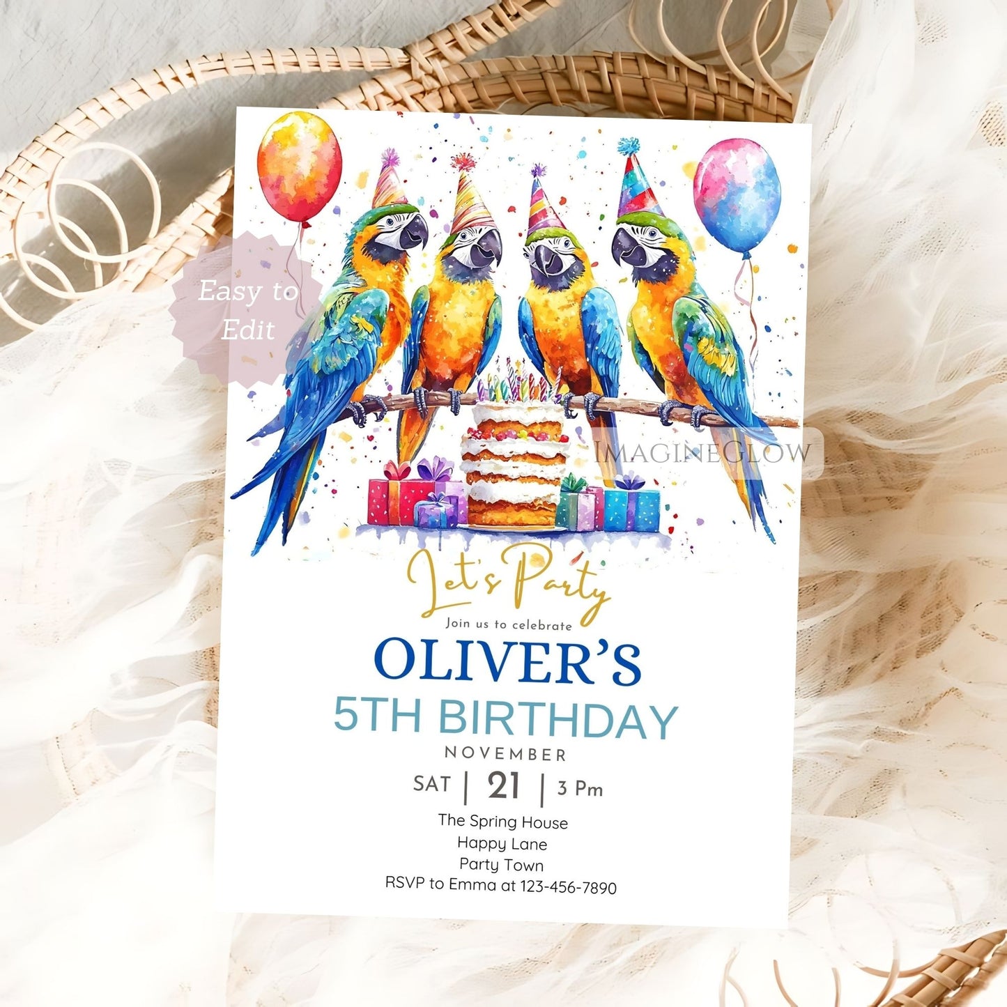 Parrot party invite with palm leaf design
