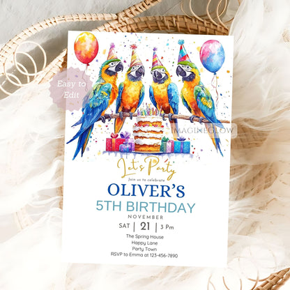 Parrot party invite with palm leaf design
