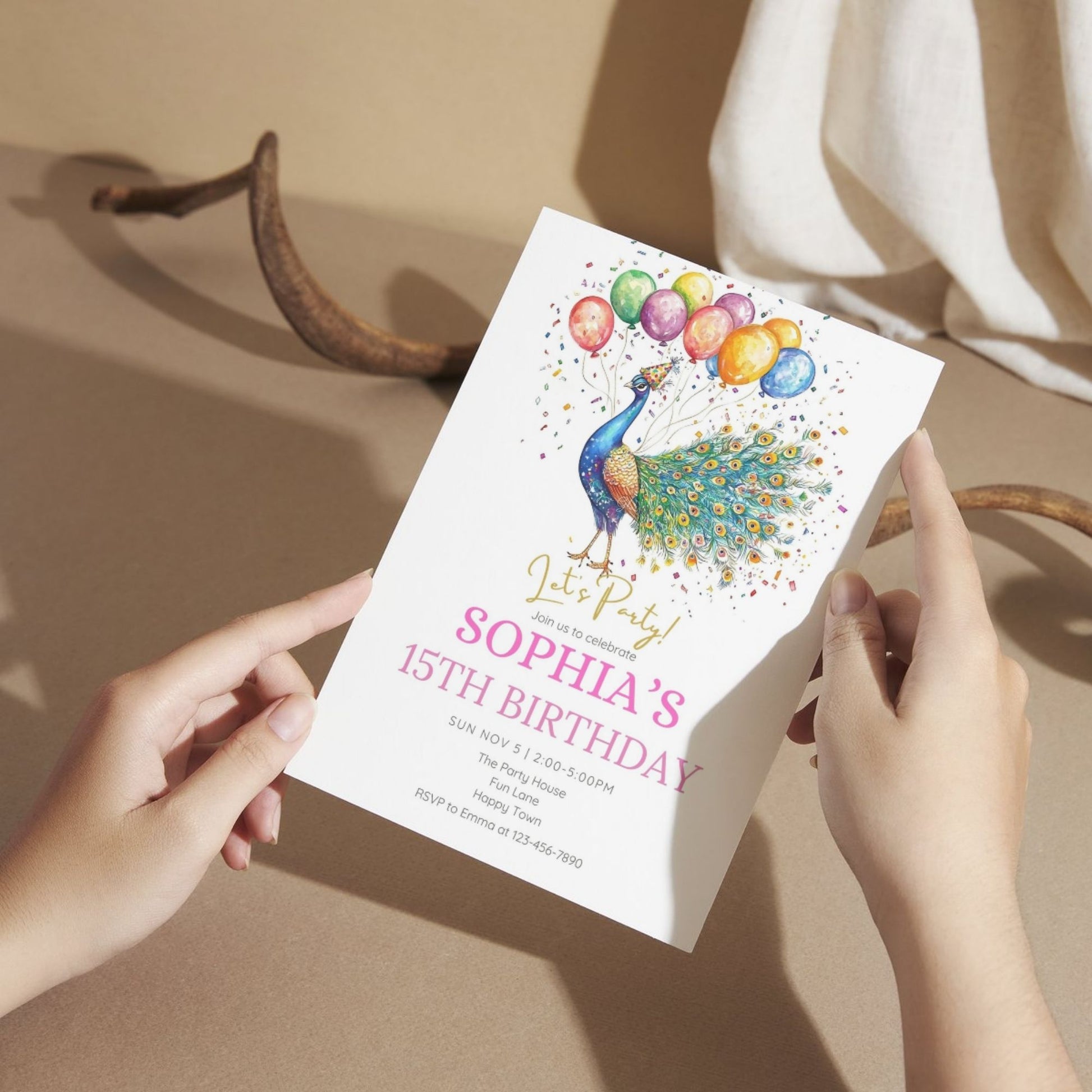 Printable peacock birthday invitation with elegant style
