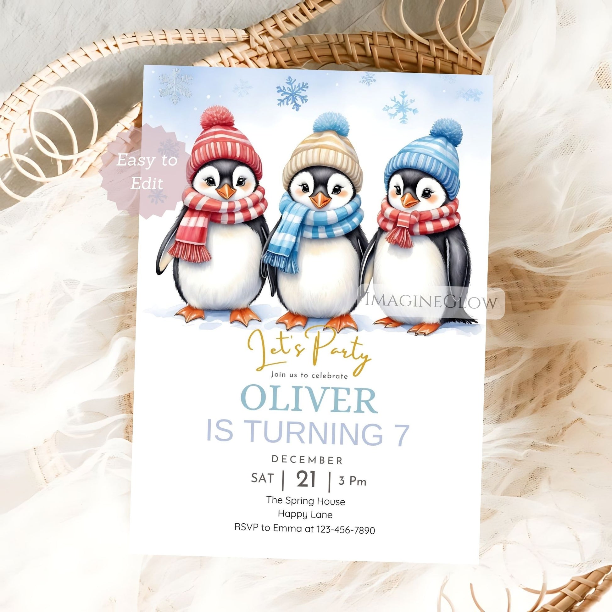 Birthday invitation card with penguins wearing winter hats and scarves on a white background.