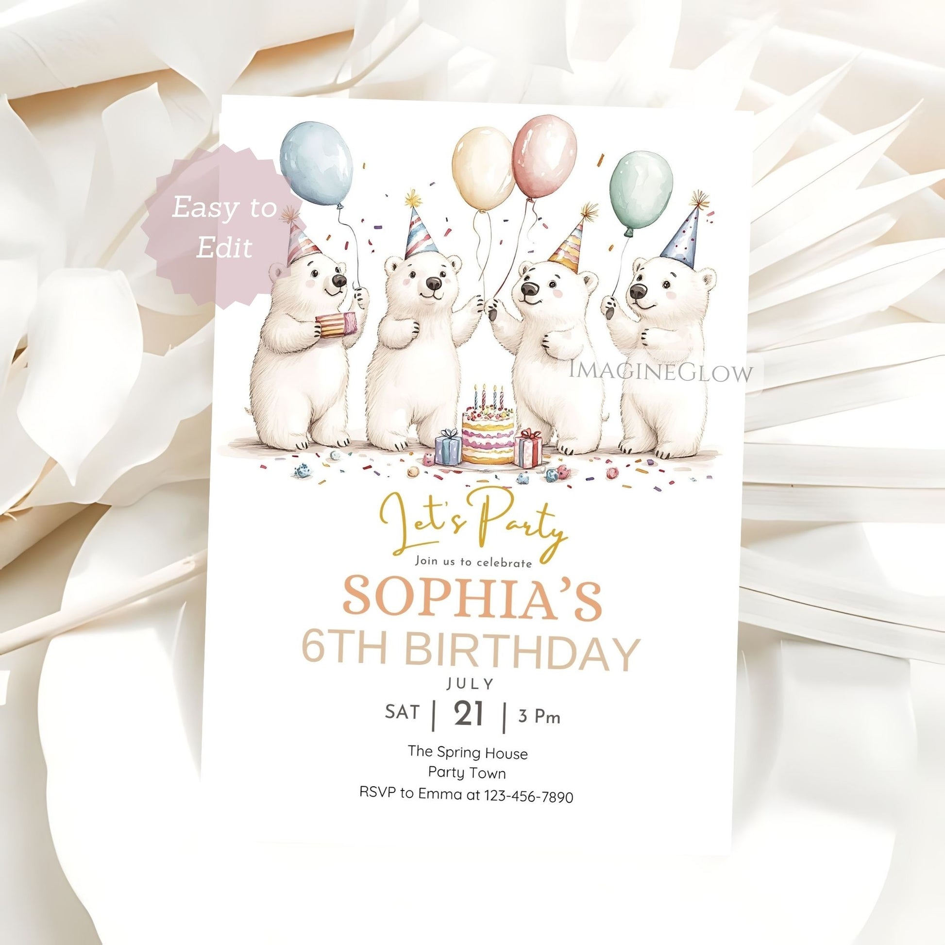 Birthday invitation card with cartoon bears and balloons on a white background