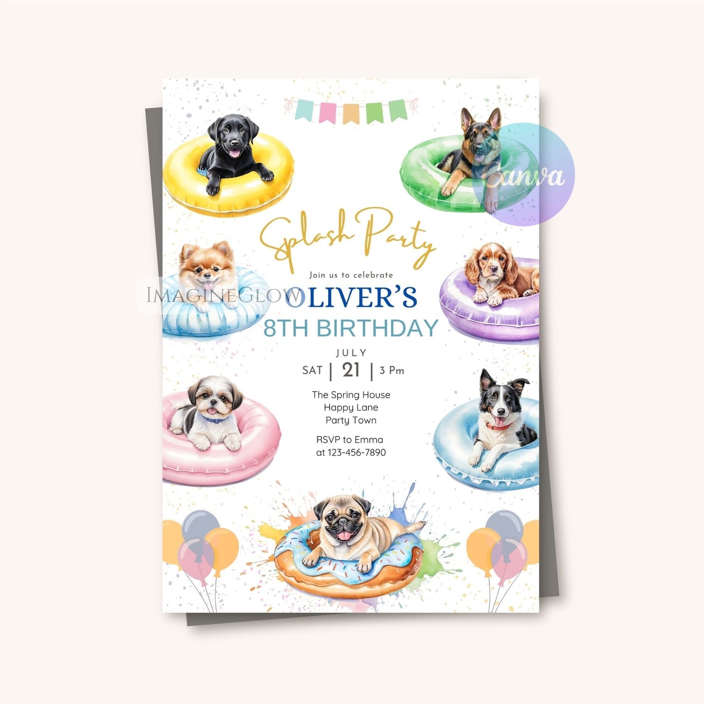tropical dog theme birthday invite
kids pool birthday invite with dogs
