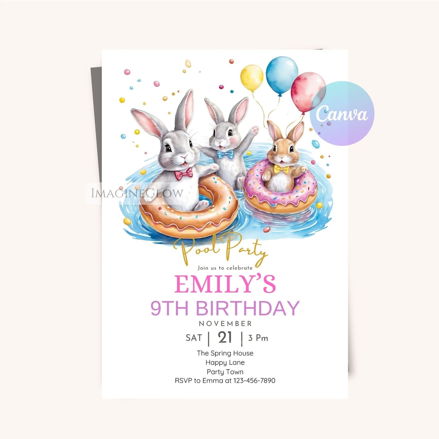 Kids rabbit birthday party invitation
