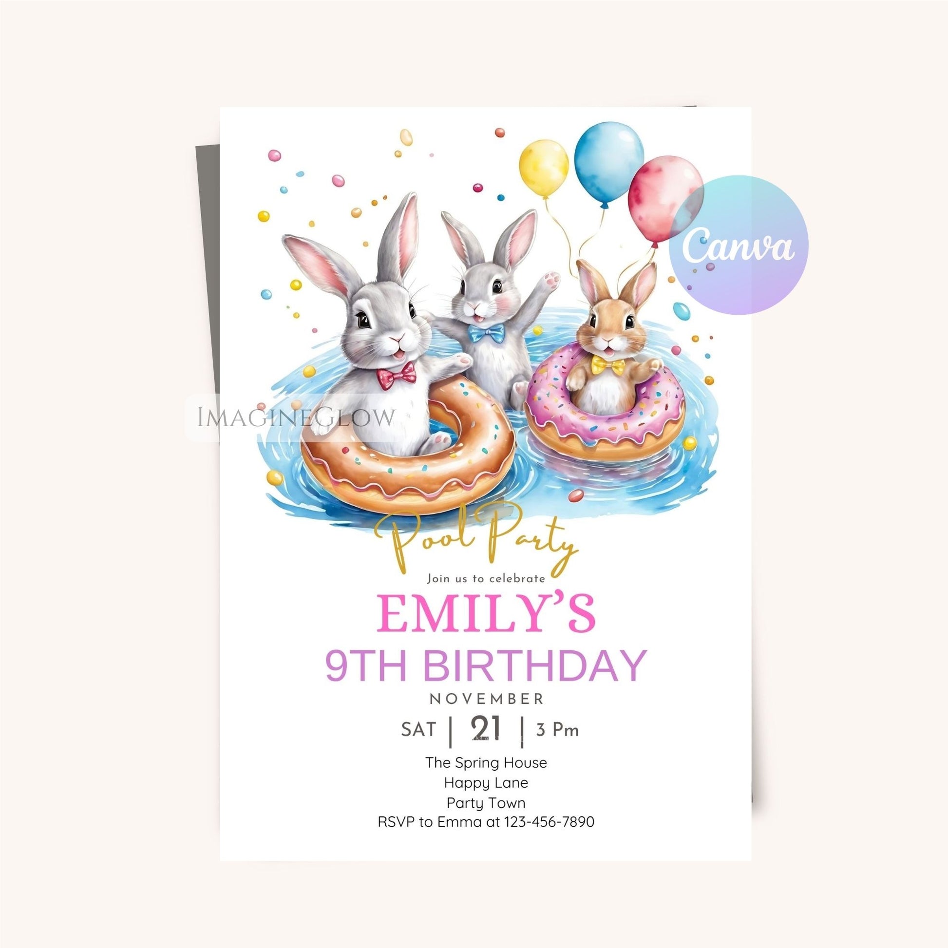 Kids rabbit birthday party invitation
