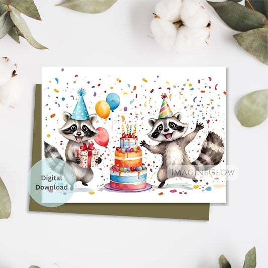 Birthday card with two raccoons, a cake, and balloons on a white background.