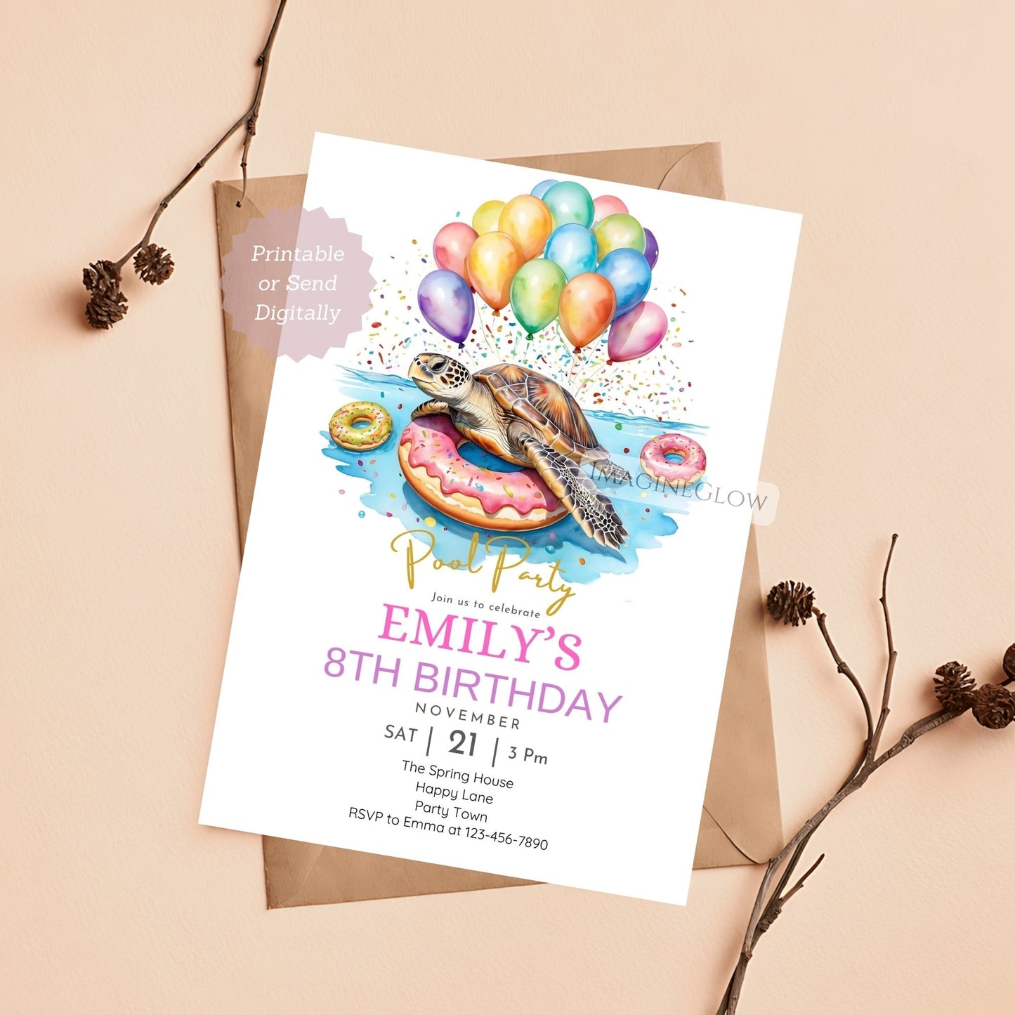 Cute sea turtle birthday invite digital
